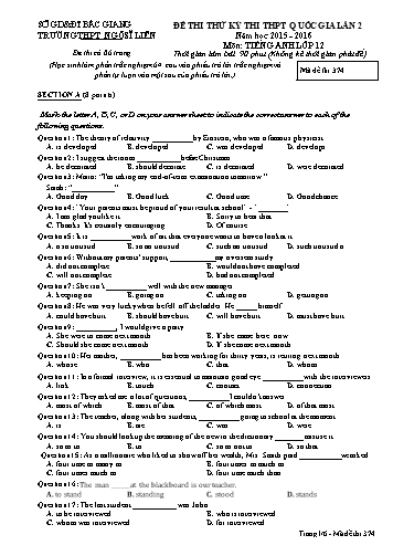 Đề thi thử THPT QG Tiếng Anh 12 (Lần 2) - Mã đề 374 - Năm học 2015-2016 - Trường THPT Ngô Sĩ Liên (Có đáp án)
