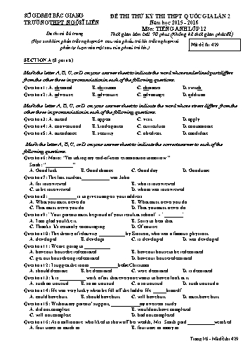 Đề thi thử THPT QG Tiếng Anh 12 (Lần 2) - Mã đề 429 - Năm học 2015-2016 - Trường THPT Ngô Sĩ Liên (Có đáp án)
