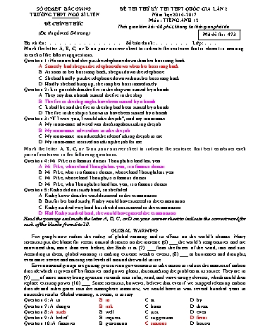 Đề thi thử THPT QG Tiếng Anh 12 (Lần 2) - Mã đề 473 - Năm học 2016-2017 - Trường THPT Ngô Sĩ Liên (Có đáp án)