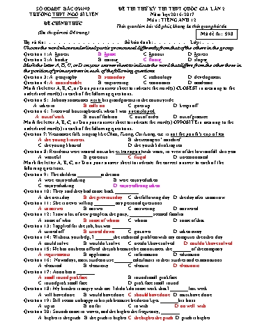 Đề thi thử THPT QG Tiếng Anh 12 (Lần 2) - Mã đề 598 - Năm học 2016-2017 - Trường THPT Ngô Sĩ Liên (Có đáp án)