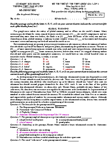 Đề thi thử THPT QG Tiếng Anh 12 (Lần 2) - Mã đề 673 - Năm học 2016-2017 - Trường THPT Ngô Sĩ Liên (Có đáp án)