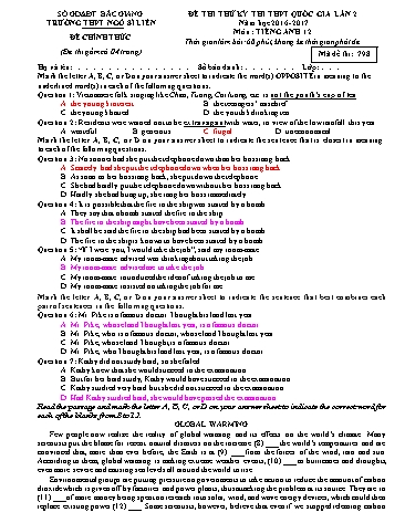 Đề thi thử THPT QG Tiếng Anh 12 (Lần 2) - Mã đề 798 - Năm học 2016-2017 - Trường THPT Ngô Sĩ Liên (Có đáp án)