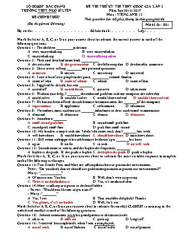 Đề thi thử THPT QG Tiếng Anh 12 (Lần 2) - Mã đề 851 - Năm học 2016-2017 - Trường THPT Ngô Sĩ Liên (Có đáp án)