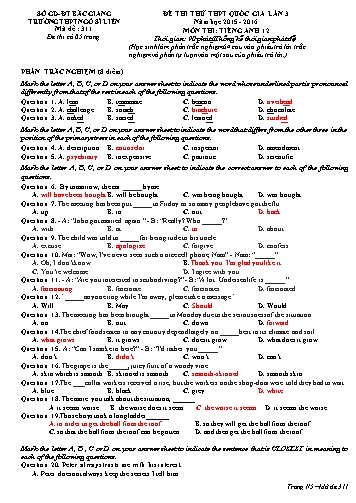 Đề thi thử THPT QG Tiếng Anh 12 (Lần 3) - Mã đề 311 - Năm học 2015-2016 - Trường THPT Ngô Sĩ Liên (Có đáp án)