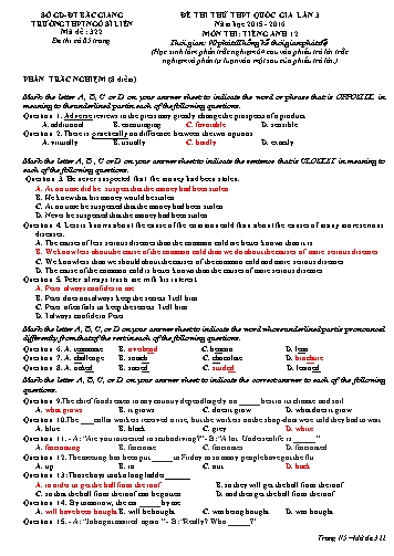 Đề thi thử THPT QG Tiếng Anh 12 (Lần 3) - Mã đề 322 - Năm học 2015-2016 - Trường THPT Ngô Sĩ Liên (Có đáp án)