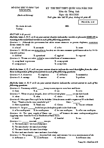 Đề thi thử THPT QG Tiếng Anh - Mã đề 618 - Năm học 2015-2016 - Sở GD&ĐT Bắc Giang (Có đáp án)