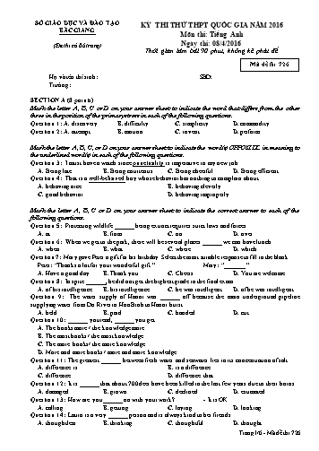 Đề thi thử THPT QG Tiếng Anh - Mã đề 726 - Năm học 2015-2016 - Sở GD&ĐT Bắc Giang (Có đáp án)