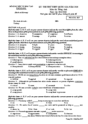 Đề thi thử THPT QG Tiếng Anh - Mã đề 857 - Năm học 2015-2016 - Sở GD&ĐT Bắc Giang (Có đáp án)