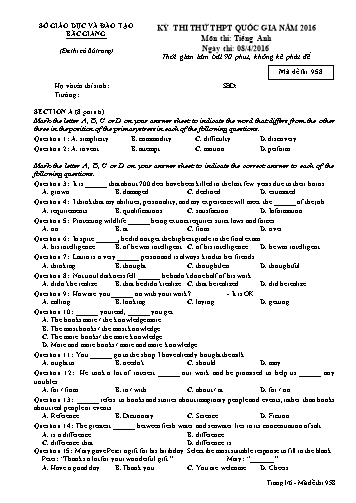 Đề thi thử THPT QG Tiếng Anh - Mã đề 958 - Năm học 2015-2016 - Sở GD&ĐT Bắc Giang (Có đáp án)