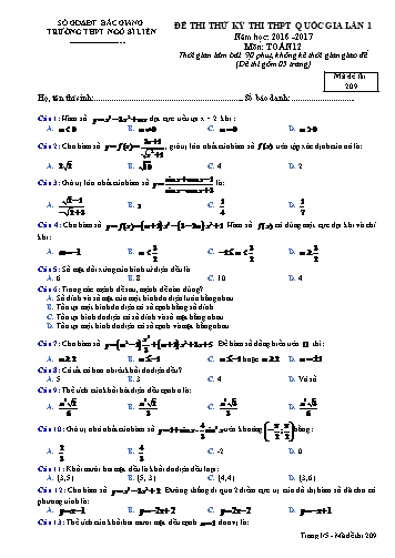 Đề thi thử THPT QG Toán 12 (Lần 1) - Mã đề 209 - Năm học 2016-2017 - Trường THPT Ngô Sĩ Liên (Có đáp án)