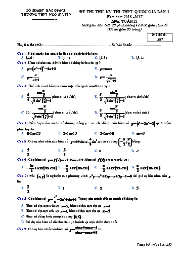 Đề thi thử THPT QG Toán 12 (Lần 1) - Mã đề 357 - Năm học 2016-2017 - Trường THPT Ngô Sĩ Liên (Có đáp án)