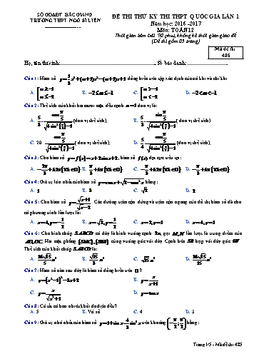 Đề thi thử THPT QG Toán 12 (Lần 1) - Mã đề 485 - Năm học 2016-2017 - Trường THPT Ngô Sĩ Liên (Có đáp án)
