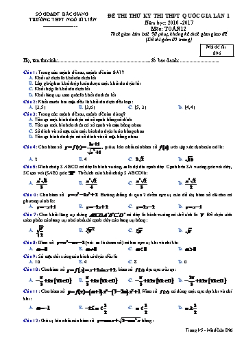 Đề thi thử THPT QG Toán 12 (Lần 1) - Mã đề 896 - Năm học 2016-2017 - Trường THPT Ngô Sĩ Liên (Có đáp án)