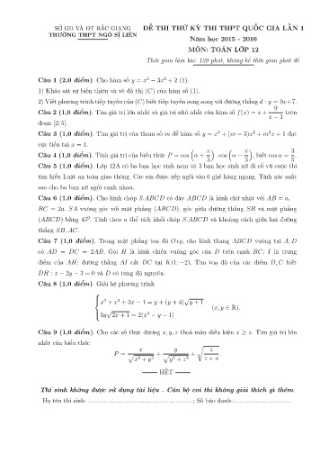 Đề thi thử THPT QG Toán 12 (Lần 1) - Năm học 2015-2016 - Trường THPT Ngô Sĩ Liên (Có đáp án)