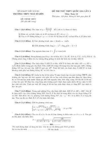 Đề thi thử THPT QG Toán 12 (Lần 3) - Năm học 2015-2016 - Trường THPT Ngô Sĩ Liên (Có đáp án)