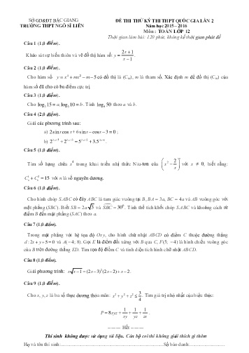 Đề thi thử THPT QG Toán Lớp 12 (Lần 2) - Năm học 2015-2016 - Trường THPT Ngô Sĩ Liên (Có đáp án)
