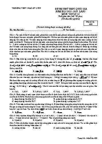 Đề thi thử THPT QG Vật lí 12 (Lần 3) - Mã đề 485 - Năm học 2015-2016 - Trường THPT Ngô Sĩ Liên (Có đáp án)