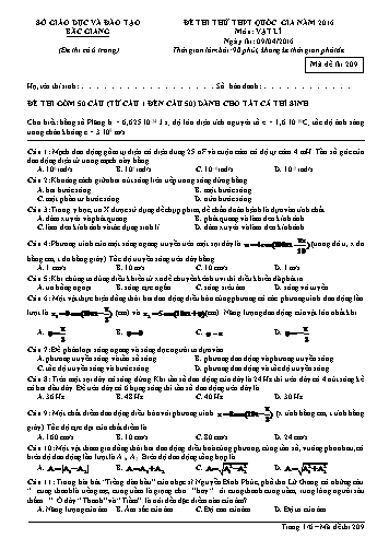 Đề thi thử THPT QG Vật lí - Mã đề 209 - Năm học 2015-2016 - Sở GD&ĐT Bắc Giang (Có đáp án)