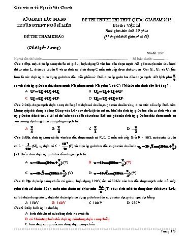 Đề thi thử THPT QG Vật lí - Mã đề 357 - Năm học 2017-2018 - Trường THPT Ngô Sĩ Liên (Có đáp án)