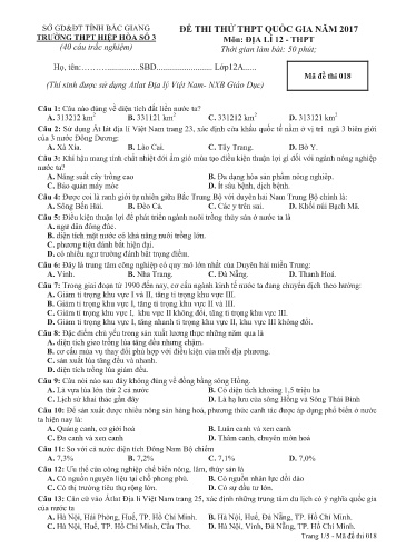 Đề thi thử THPT Quốc gia Địa lí - Mã đề 018 - Năm học 2016-2017 - Trường THPT Hiệp Hòa số 3 (Có đáp án)