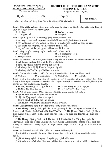 Đề thi thử THPT Quốc gia Địa lí - Mã đề 101 - Năm học 2016-2017 - Trường THPT Hiệp Hòa số 3 (Có đáp án)