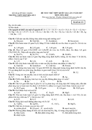 Đề thi thử THPT Quốc gia Hóa học (Lần 2) - Mã đề 131 - Năm học 2016-2017 - Trường THPT Hiệp Hòa số 3 (Có đáp án)