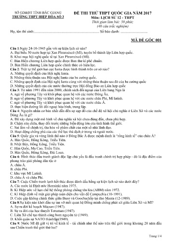Đề thi thử THPT Quốc gia Lịch sử - Mã đề 001 - Năm học 2016-2017 - Trường THPT Hiệp Hòa số 3 (Có đáp án)