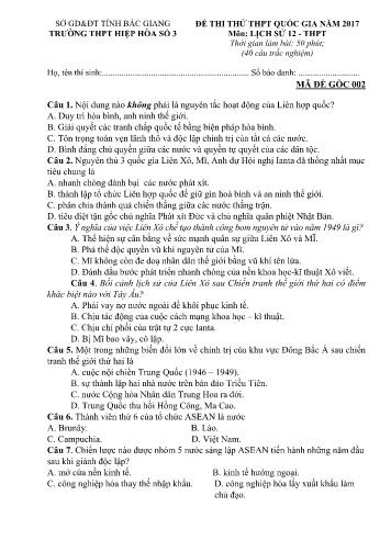 Đề thi thử THPT Quốc gia Lịch sử - Mã đề 002 - Năm học 2016-2017 - Trường THPT Hiệp Hòa số 3 (Có đáp án)