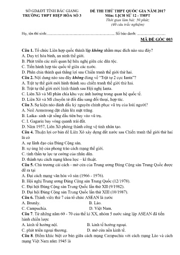 Đề thi thử THPT Quốc gia Lịch sử - Mã đề 003 - Năm học 2016-2017 - Trường THPT Hiệp Hòa số 3 (Có đáp án)