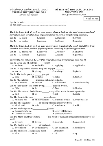 Đề thi thử THPT Quốc gia Tiếng Anh (Lần 2) - Mã đề 322 - Năm học 2016-2017 - Trường THPT Hiệp Hòa số 3 (Có đáp án)