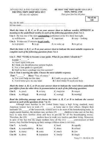 Đề thi thử THPT Quốc gia Tiếng Anh (Lần 2) - Mã đề 328 - Năm học 2016-2017 - Trường THPT Hiệp Hòa số 3 (Có đáp án)