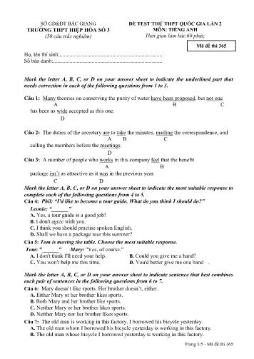 Đề thi thử THPT Quốc gia Tiếng Anh (Lần 2) - Mã đề 365 - Năm học 2016-2017 - Trường THPT Hiệp Hòa số 3 (Có đáp án)