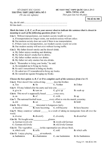 Đề thi thử THPT Quốc gia Tiếng Anh (Lần 2) - Mã đề 388 - Năm học 2016-2017 - Trường THPT Hiệp Hòa số 3 (Có đáp án)