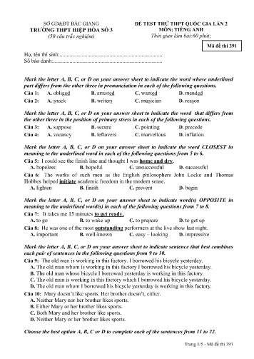 Đề thi thử THPT Quốc gia Tiếng Anh (Lần 2) - Mã đề 391 - Năm học 2016-2017 - Trường THPT Hiệp Hòa số 3 (Có đáp án)