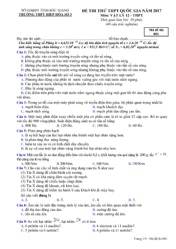 Đề thi thử THPT Quốc gia Vật lí - Mã đề 001 - Năm học 2016-2017 - Trường THPT Hiệp Hòa số 3 (Có đáp án)