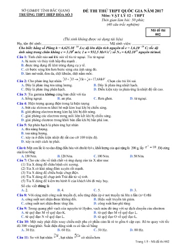 Đề thi thử THPT Quốc gia Vật lí - Mã đề 002 - Năm học 2016-2017 - Trường THPT Hiệp Hòa số 3 (Có đáp án)