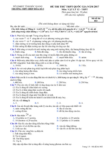 Đề thi thử THPT Quốc gia Vật lí - Mã đề 003 - Năm học 2016-2017 - Trường THPT Hiệp Hòa số 3 (Có đáp án)
