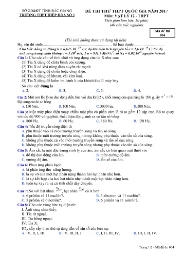 Đề thi thử THPT Quốc gia Vật lí - Mã đề 004 - Năm học 2016-2017 - Trường THPT Hiệp Hòa số 3 (Có đáp án)