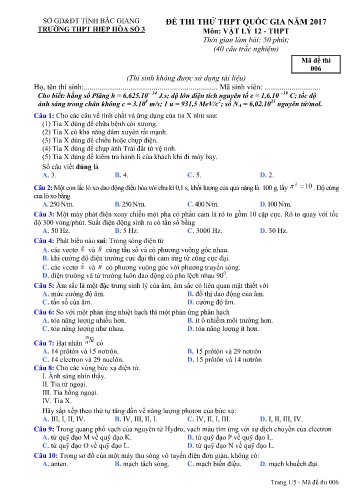 Đề thi thử THPT Quốc gia Vật lí - Mã đề 006 - Năm học 2016-2017 - Trường THPT Hiệp Hòa số 3 (Có đáp án)