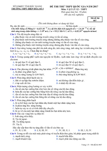 Đề thi thử THPT Quốc gia Vật lí - Mã đề 007 - Năm học 2016-2017 - Trường THPT Hiệp Hòa số 3 (Có đáp án)