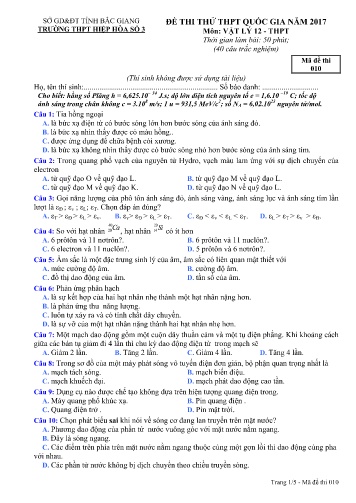 Đề thi thử THPT Quốc gia Vật lí - Mã đề 010 - Năm học 2016-2017 - Trường THPT Hiệp Hòa số 3 (Có đáp án)