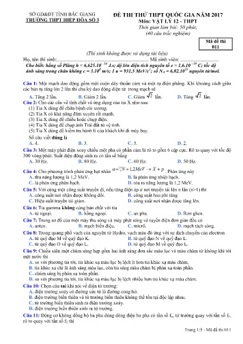 Đề thi thử THPT Quốc gia Vật lí - Mã đề 011 - Năm học 2016-2017 - Trường THPT Hiệp Hòa số 3 (Có đáp án)