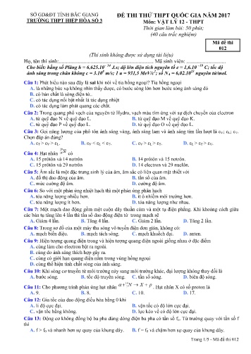 Đề thi thử THPT Quốc gia Vật lí - Mã đề 012 - Năm học 2016-2017 - Trường THPT Hiệp Hòa số 3 (Có đáp án)