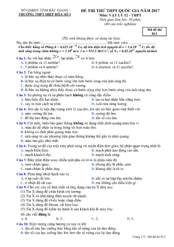Đề thi thử THPT Quốc gia Vật lí - Mã đề 013 - Năm học 2016-2017 - Trường THPT Hiệp Hòa số 3 (Có đáp án)