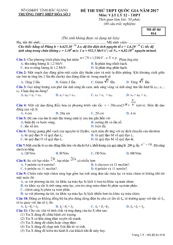 Đề thi thử THPT Quốc gia Vật lí - Mã đề 014 - Năm học 2016-2017 - Trường THPT Hiệp Hòa số 3 (Có đáp án)