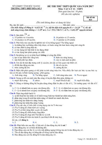 Đề thi thử THPT Quốc gia Vật lí - Mã đề 015 - Năm học 2016-2017 - Trường THPT Hiệp Hòa số 3 (Có đáp án)