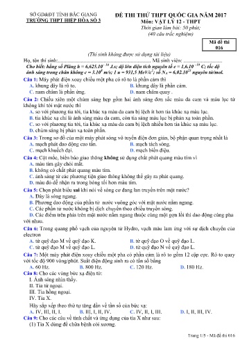 Đề thi thử THPT Quốc gia Vật lí - Mã đề 016 - Năm học 2016-2017 - Trường THPT Hiệp Hòa số 3 (Có đáp án)