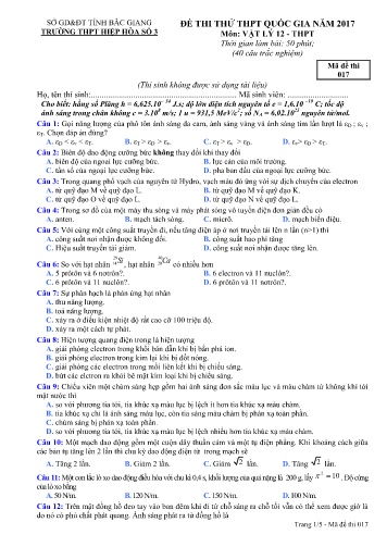 Đề thi thử THPT Quốc gia Vật lí - Mã đề 017 - Năm học 2016-2017 - Trường THPT Hiệp Hòa số 3 (Có đáp án)
