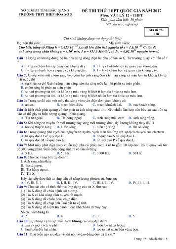 Đề thi thử THPT Quốc gia Vật lí - Mã đề 018 - Năm học 2016-2017 - Trường THPT Hiệp Hòa số 3 (Có đáp án)