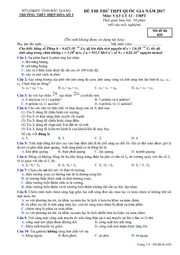 Đề thi thử THPT Quốc gia Vật lí - Mã đề 020 - Năm học 2016-2017 - Trường THPT Hiệp Hòa số 3 (Có đáp án)